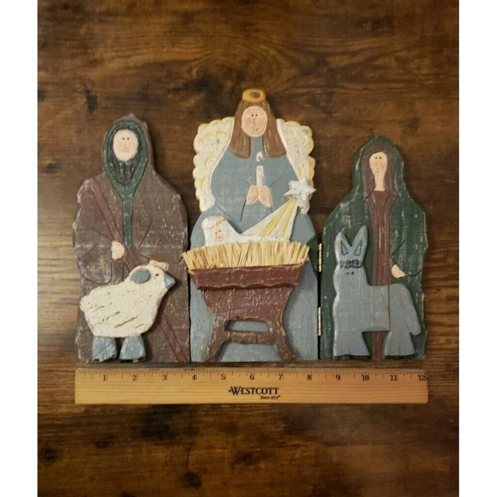 Nativity Wood Painted Trifold Folk Art Christmas Triptych Manger Creche Holiday